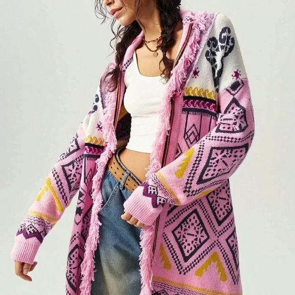Multicolor Casual Women's Loose Geometric Pattern Fringe Trim Cardigan - Picture 3 of 4